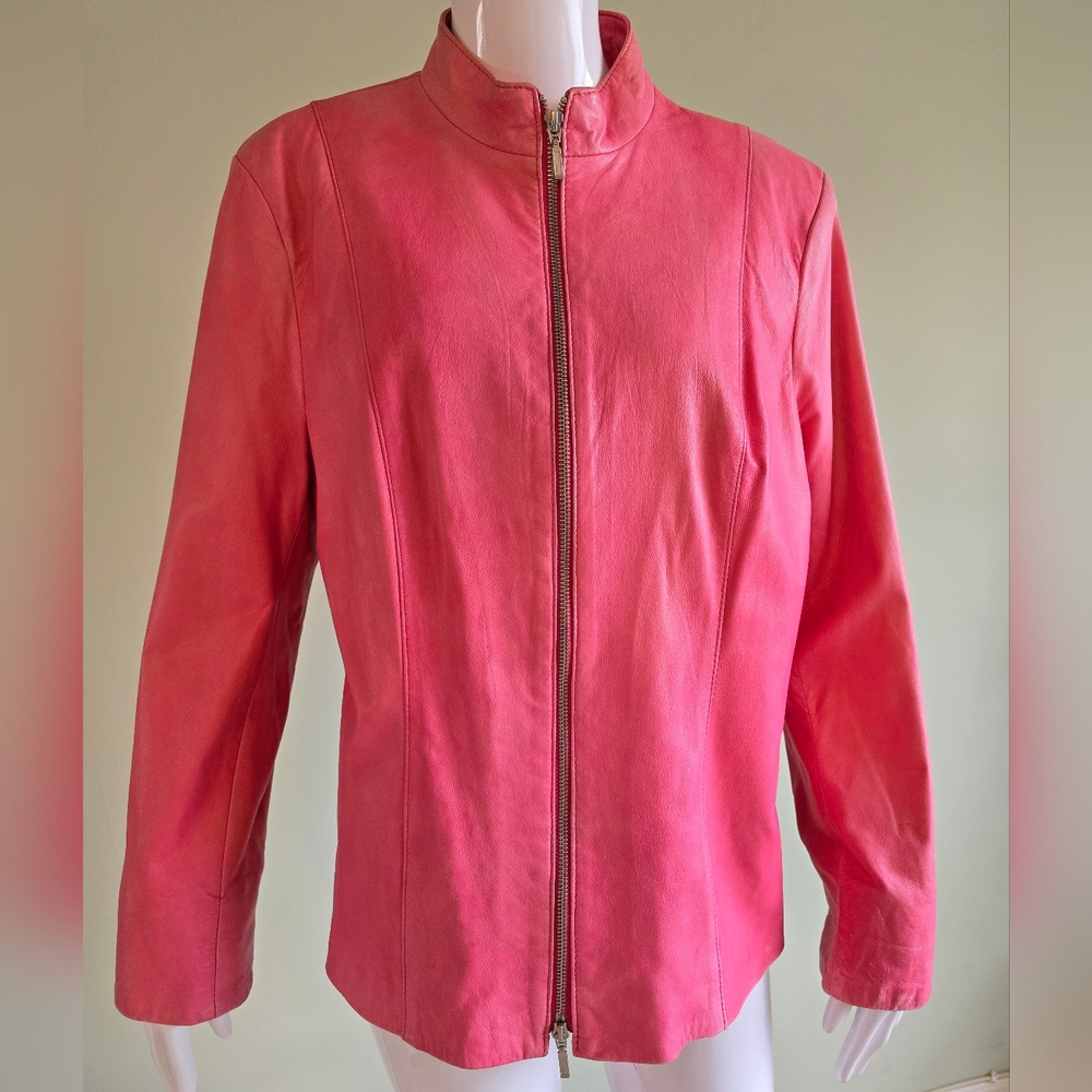 Danier 100% Italian Leather Hot Pink Fitted Size XL Double Zipper Jacket Coat